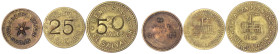Ausländische Münzen und Medaillen
El Salvador
Republik, seit 1839
3 Messingmarken: 1 und 2 Reales 1920 Benj. Sol. M. Finca San Francisco Puerta Lag...