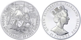 Ausländische Münzen und Medaillen
Falkland Inseln
Britisch
25 Pounds (5 Unzen Silber) 1992. H.M.S. Desire vor Inselkarte. 155.6 g, 65 mm. Auflage 2...