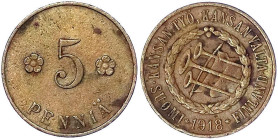 Ausländische Münzen und Medaillen
Finnland
Bürgerkrieg, 1918
5 Penniä 1918. sehr schön/vorzüglich, selten. Krause/Mishler 21.2.