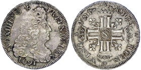 Ausländische Münzen und Medaillen
Frankreich
Ludwig XIV., 1643-1715
1/2 Ecu aux 8 L 1691 N, Montpellier. vorzüglich/Stempelglanz, feine Tönung, sel...