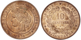 Ausländische Münzen und Medaillen
Frankreich
Dritte Republik, 1870-1940
10 Centimes 1874 A, Paris. fast Stempelglanz, Prachtexemplar. Krause/Mishle...
