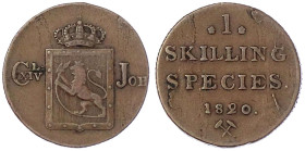 Ausländische Münzen und Medaillen
Norwegen
Unter schwedischer Regierung, 1814-1905
Skilling Species (Kupfer) 1820. sehr schön, kl. Schrötlingsfehle...
