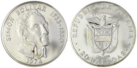 Ausländische Münzen und Medaillen
Panama
Republik, seit 1903
20 Balboas Großsilbermünze 1974, Simon Bolivar. 129,5 g. 925/1000. In Schatulle mit Ze...