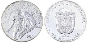 Ausländische Münzen und Medaillen
Panama
Republik, seit 1903
20 Balboas Großsilbermünze 1984. Vasco Nunez de Balboa mit Indianer, Inschrift "Descub...