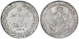 Ausländische Münzen und Medaillen
Polen
Nikolaus I. von Rußland, 1825-1855
10 Zloty = 1 1/2 Rubel 1835, St. Petersburg. sehr schön. Bitkin 1087. Da...