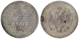 Ausländische Münzen und Medaillen
Polen
Nikolaus I. von Rußland, 1825-1855
3/4 Rubel (5 Zlotych) 1838 MW, Warschau. sehr schön. Bitkin 1144.