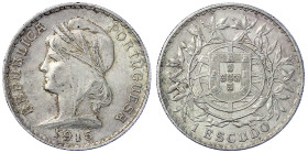 Ausländische Münzen und Medaillen
Portugal
Erste Republik, 1910-1926
Escudo 1915. vorzüglich. Krause/Mishler 564.