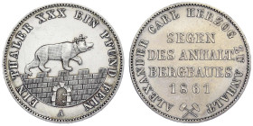 Altdeutsche Münzen und Medaillen
Anhalt-Bernburg
Alexander Carl, 1834-1863
Ausbeutetaler 1861 A. vorzüglich, kl. Kratzer. Jaeger 73. Thun 6. AKS 17...