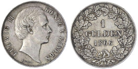 Altdeutsche Münzen und Medaillen
Bayern
Ludwig II., 1864-1886
Gulden 1866, ohne Scheitel. vorzüglich, schöne Tönung. Jaeger 103. AKS 178.