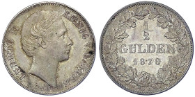 Altdeutsche Münzen und Medaillen
Bayern
Ludwig II., 1864-1886
1/2 Gulden 1870. Erstabschlag/Polierte Platte, min. berührt, sehr selten in dieser Er...