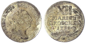 Altdeutsche Münzen und Medaillen
Brandenburg-Preußen
Friedrich II., 1740-1786
XII Mariengroschen 1758 Mzz. Stern, Dresden. sehr schön, kl. Schrötli...