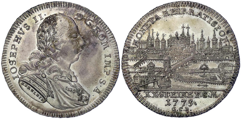 Altdeutsche Münzen und Medaillen
Regensburg-Stadt
1/2 Taler 1775. Stadtansicht...
