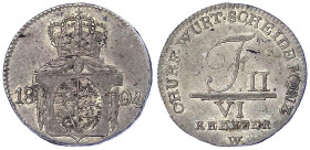 Altdeutsche Münzen und Medaillen
Württemberg
Friedrich II., 1797-1805
6 Kreuzer 1804. vorzüglich, schöne Patina. AKS 23.