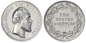 Altdeutsche Münzen und Medaillen
Württemberg
Karl, 1864-1891
Silbermedaille o.J. DEM BESTEN SCHÜTZEN. 34 mm; 14,35 g. Randpunze "3". vorzüglich/Ste...
