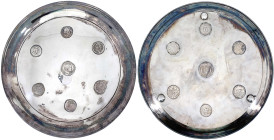 Münzgefässe und Münzschmuck
-1
Silbertablett (ungepunzt) mit 7 eingearbeiteten Münzen: Preussen Doppeltaler 1841, Taler 1815, Krönungstaler 1861, Si...