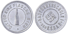 Medaillen
Drittes Reich
Alumarke "Gut für eine Flasche Bier" o.J. Gauführerschule I der NSDAP. 25 mm. prägefrisch. Hasselmann 197b.