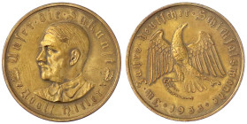 Medaillen
Drittes Reich
Bronzemedaille 1933, Bayer. Hauptmünzamt, auf Hitler und die Machtergreifung. Büste Hitler l./ Adler mit Hakenkreuz auf Brus...