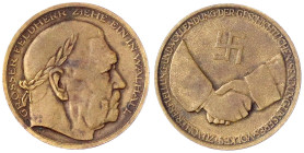 Medaillen
Drittes Reich
Bronzemedaille v. Bleeker o.J. (1934) auf den Tod Hindenburgs. Kopf Hindenburgs mit Lorbeerkranz, Umschrift/Hkr. über Handsc...