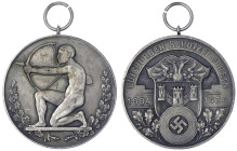 Medaillen
Drittes Reich
Tragbare, versilberte Bronzemedaille 1934. Duisburger Schützenverein zum 50j. Bestehen. 40 mm. vorzüglich