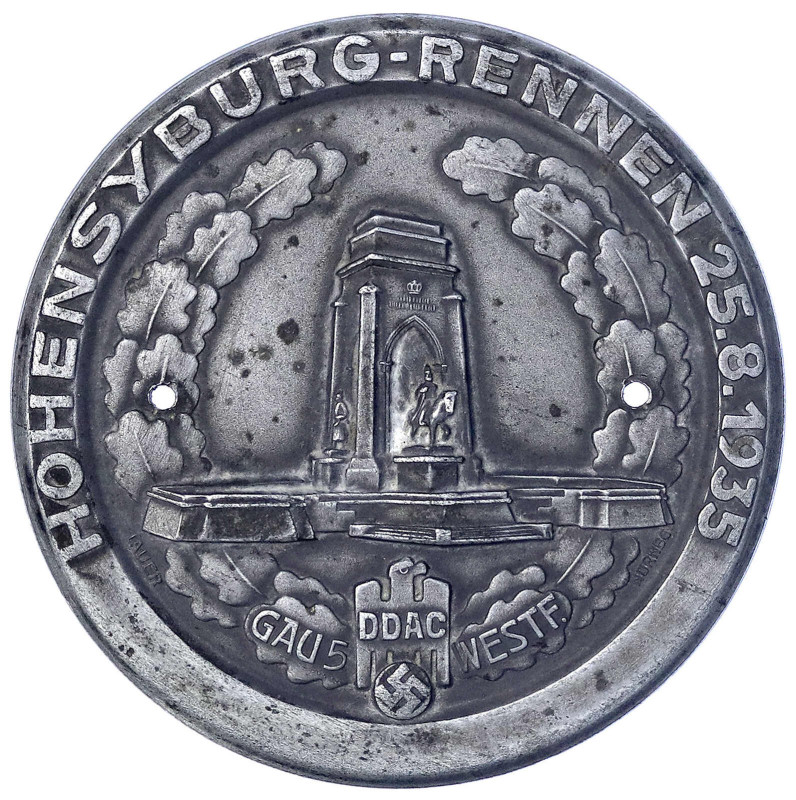 Medaillen
Drittes Reich
DDAC-Kühlerplakette 1935. Hohensyburg-Rennen. Zink, zw...