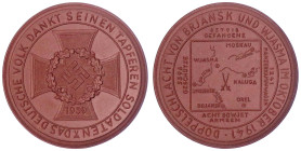 Medaillen
Drittes Reich
Porzellanmedaille Doppelschlacht von Brjansk u. Wjasma 1941, braun. 50 mm. prägefrisch. Scheuch 1876i.