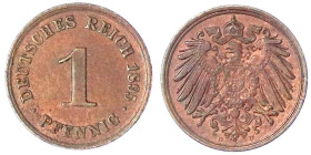 Reichskleinmünzen
1 Pfennig großer Adler, Kupfer 1890-1916
1895 D. vorzüglich/Stempelglanz, selten in dieser Erhaltung. Jaeger 10.