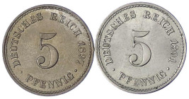 Reichskleinmünzen
5 Pfennig großer Adler, Kupfer/Nickel 1890-1915
2 Stück: 1897 A, 1901 A. beide fast Stempelglanz. Jaeger 12.