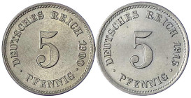 Reichskleinmünzen
5 Pfennig großer Adler, Kupfer/Nickel 1890-1915
2 Stück: 1900 E, 1915 D. beide Stempelglanz. Jaeger 12.
