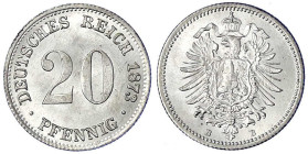 Reichskleinmünzen
20 Pfennig kleiner Adler, Silber 1873-1877
1873 B. fast Stempelglanz, Prachtexemplar, sehr selten in dieser Erhaltung. Jaeger 5.