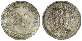 Reichskleinmünzen
20 Pfennig kleiner Adler, Silber 1873-1877
1873 D. fast Stempelglanz, Prachtexemplar mit feiner Tönung. Jaeger 5.
