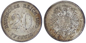 Reichskleinmünzen
20 Pfennig kleiner Adler, Silber 1873-1877
1873 E. sehr schön/vorzüglich, kl. Kratzer, etwas rauhe Oberfläche, sehr selten. Jaeger...