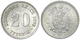 Reichskleinmünzen
20 Pfennig kleiner Adler, Silber 1873-1877
1873 F. fast Stempelglanz, min. gewölbt, sehr selten in dieser Erhaltung. Jaeger 5.