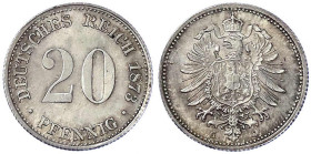 Reichskleinmünzen
20 Pfennig kleiner Adler, Silber 1873-1877
1873 G. fast Stempelglanz, feine Tönung, selten in dieser Erhaltung. Jaeger 5.
