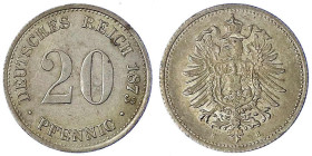 Reichskleinmünzen
20 Pfennig kleiner Adler, Silber 1873-1877
1873 H. vorzüglich, kl. Kratzer, selten. Jaeger 5.