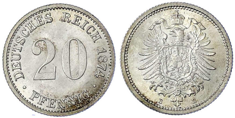 Reichskleinmünzen
20 Pfennig kleiner Adler, Silber 1873-1877
1874 B. Stempelgl...