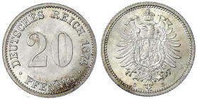 Reichskleinmünzen
20 Pfennig kleiner Adler, Silber 1873-1877
1874 B. Stempelglanz, Prachtexemplar. Jaeger 5.