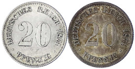 Reichskleinmünzen
20 Pfennig kleiner Adler, Silber 1873-1877
2 Stück: 1874 C und D. beide vorzüglich/Stempelglanz. Jaeger 5.