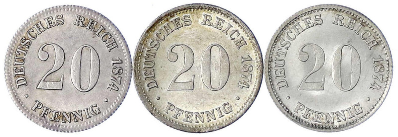 Reichskleinmünzen
20 Pfennig kleiner Adler, Silber 1873-1877
3 Stück: 1874 E, ...