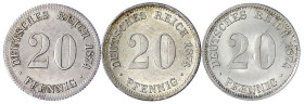 Reichskleinmünzen
20 Pfennig kleiner Adler, Silber 1873-1877
3 Stück: 1874 E, F und G. prägefrisch, winz. Randfehler, prägefrisch und fast Stempelgl...