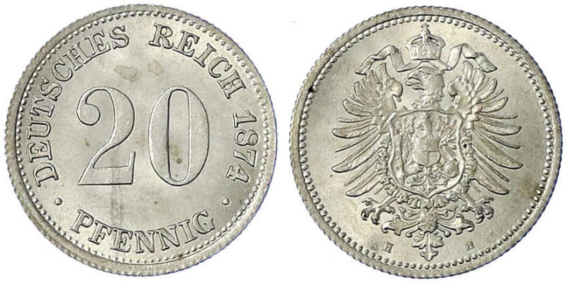 Reichskleinmünzen
20 Pfennig kleiner Adler, Silber 1873-1877
1874 H. prägefris...