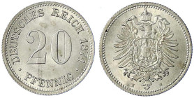 Reichskleinmünzen
20 Pfennig kleiner Adler, Silber 1873-1877
1874 H. prägefrisch, leichter Kratzer, selten in dieser Erhaltung. Jaeger 5.