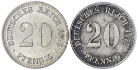 Reichskleinmünzen
20 Pfennig kleiner Adler, Silber 1873-1877
2 Stück: 1875 A und B. fast Stempelglanz und vorzüglich/Stempelglanz, feine Tönung. Jae...