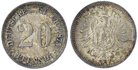 Reichskleinmünzen
20 Pfennig kleiner Adler, Silber 1873-1877
1875 C. fast Stempelglanz, feine Tönung. Jaeger 5.