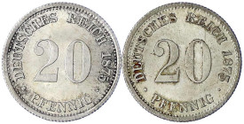 Reichskleinmünzen
20 Pfennig kleiner Adler, Silber 1873-1877
2 Stück: 1875 D und F. prägefrisch, kl. Kratzer und fast Stempelglanz, Prachtexemplar. ...