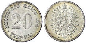 Reichskleinmünzen
20 Pfennig kleiner Adler, Silber 1873-1877
1875 E. prägefrisch/fast Stempelglanz, selten. Jaeger 5.