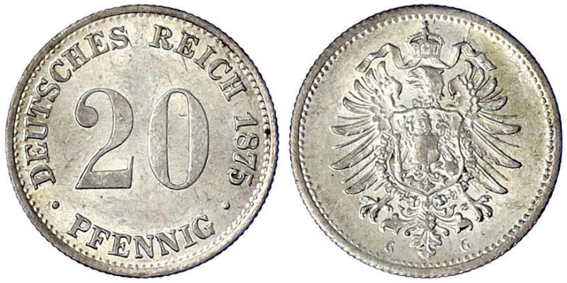 Reichskleinmünzen
20 Pfennig kleiner Adler, Silber 1873-1877
1875 G. fast Stem...