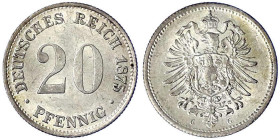 Reichskleinmünzen
20 Pfennig kleiner Adler, Silber 1873-1877
1875 G. fast Stempelglanz. Jaeger 5.