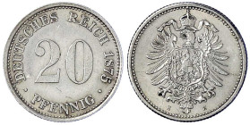Reichskleinmünzen
20 Pfennig kleiner Adler, Silber 1873-1877
1875 H. Interessante Lichtenrader Prägung. gutes vorzüglich, kl. Stempelbruch und etwas...