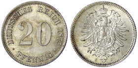 Reichskleinmünzen
20 Pfennig kleiner Adler, Silber 1873-1877
1875 J. Interessante Lichtenrader Prägung. fast Stempelglanz. Jaeger 5.