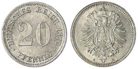 Reichskleinmünzen
20 Pfennig kleiner Adler, Silber 1873-1877
1876 A. fast Stempelglanz, Prachtexemplar. Jaeger 5.